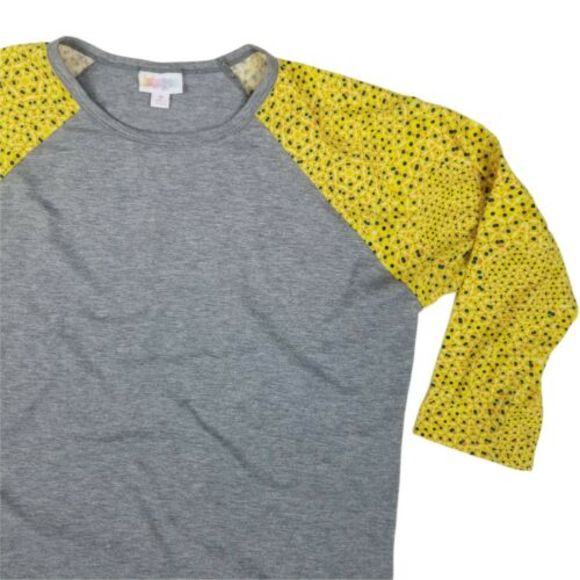 Lularoe Women's Sz M Shirt Randy Kaleidoscope Yellow Gray Raglan 3/4 Sleeves - Picture 7 of 12